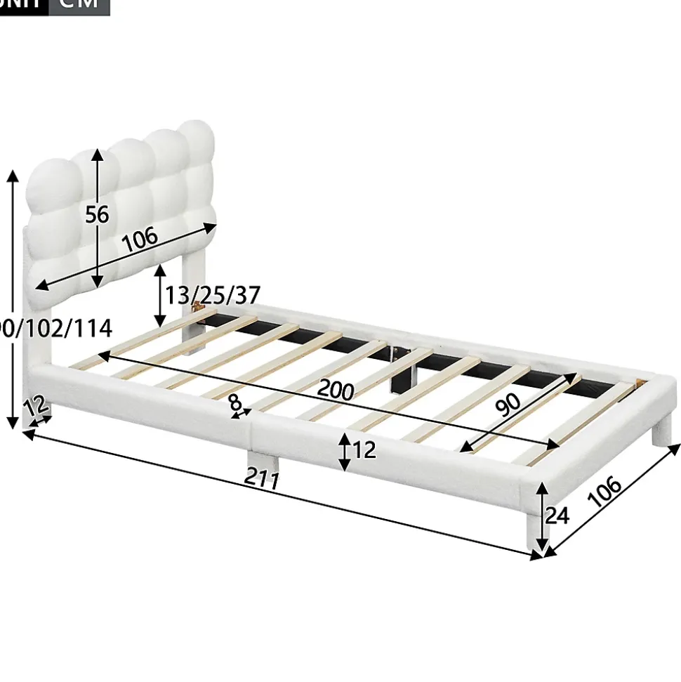 Lit adulte lit 90x200 cm lit plat lit rembourré Single blanc