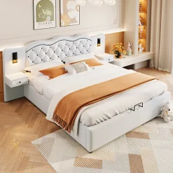 Lit adulte lit 180x200 cm lit rembourré hydraulique avec deux lampes de chevet lit double lin beige