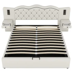 Lit adulte lit 180x200 cm lit rembourré hydraulique avec deux lampes de chevet lit double lin beige