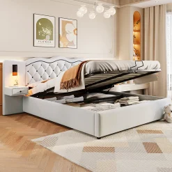 Lit adulte lit 180x200 cm lit rembourré hydraulique avec deux lampes de chevet lit double lin beige