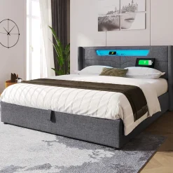 Lit adulte lit 140x200 cm lit rembourré lit de rangement lit sommier à lattes en bois lit double lin gris