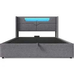 Lit adulte lit 140x200 cm lit rembourré lit de rangement lit sommier à lattes en bois lit double lin gris