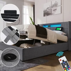 Lit adulte lit 140x200 cm lit rembourré lit de rangement lit sommier à lattes en bois lit double lin gris