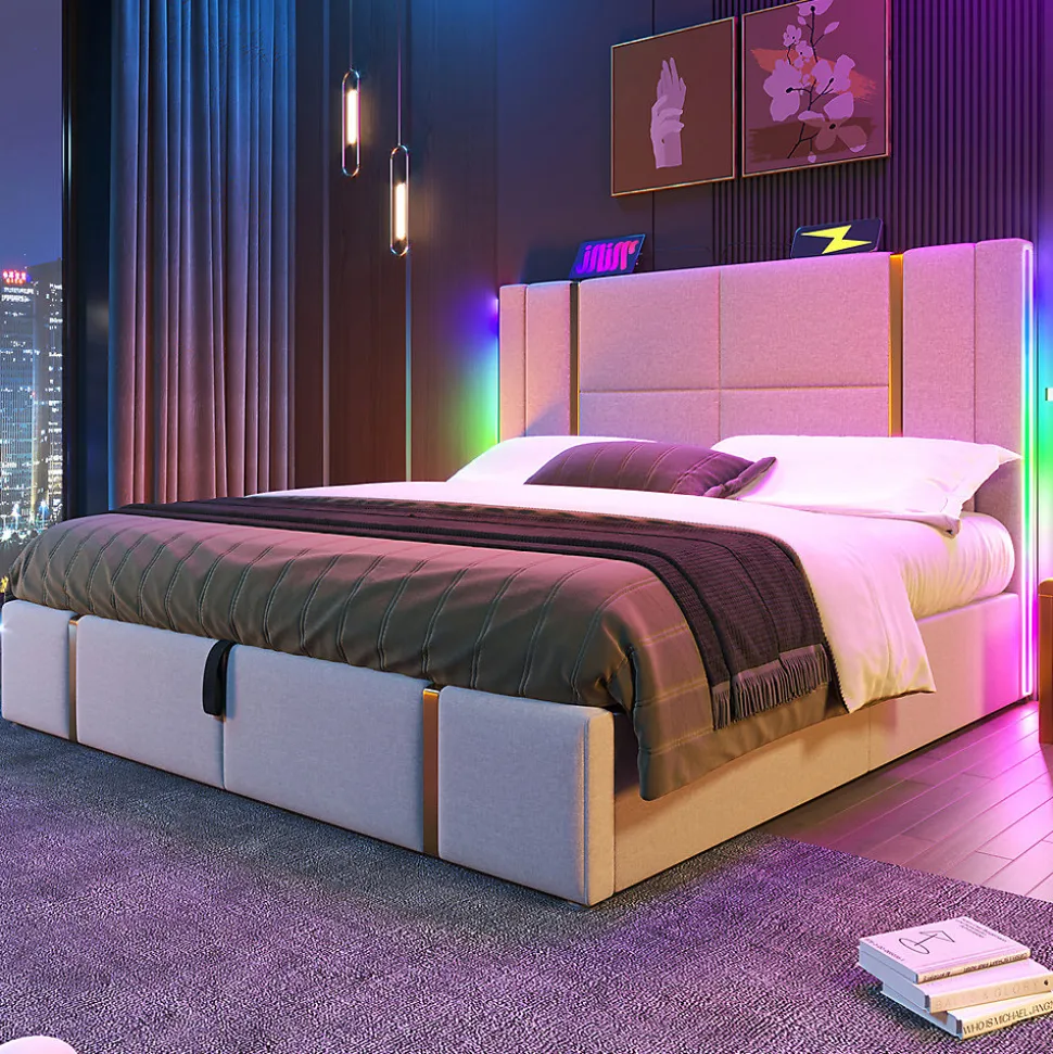 Lit adulte lit 140x200 cm lit rembourré lit de rangement lit sommier à lattes en bois lit double lin beige