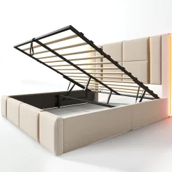 Lit adulte lit 140x200 cm lit rembourré lit de rangement lit sommier à lattes en bois lit double lin beige