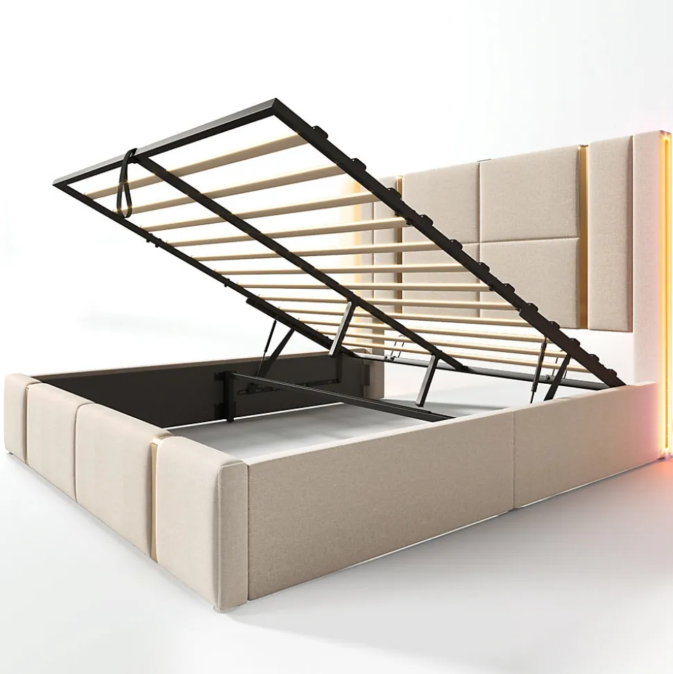 Lit adulte lit 140x200 cm lit rembourré lit de rangement lit sommier à lattes en bois lit double lin beige