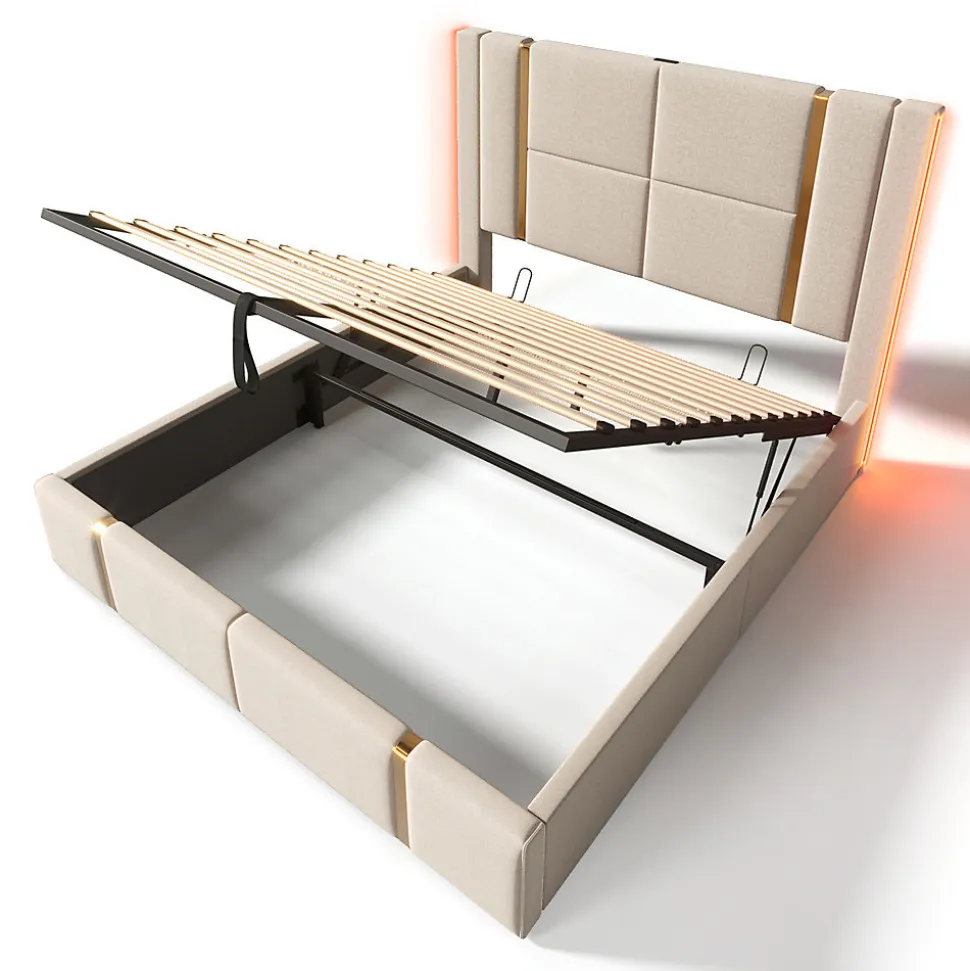 Lit adulte lit 140x200 cm lit rembourré lit de rangement lit sommier à lattes en bois lit double lin beige