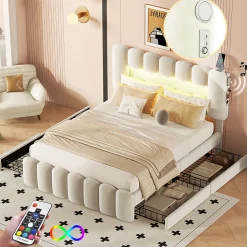 Lit adulte lit 140x200 cm lit rembourré avec barre lumineuse led lit 4 tiroirs avec usb et chaîne stéréo lit double velours beige