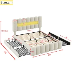 Lit adulte lit 140x200 cm lit rembourré avec barre lumineuse led lit 4 tiroirs avec usb et chaîne stéréo lit double velours beige