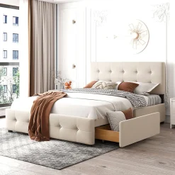 Lit adulte lit 140x200 cm lit rembourré avec tiroirs et sommier à lattes lit double velours beige