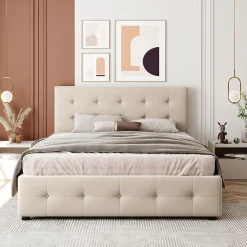 Lit adulte lit 140x200 cm lit rembourré avec tiroirs et sommier à lattes lit double velours beige