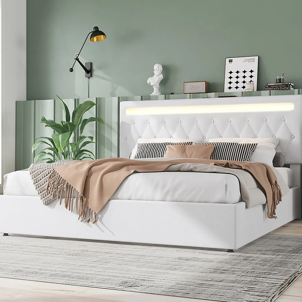 Lit adulte lit 180x200 cm lit rembourré hydraulique avec lumière ambiante lit double lin blanc