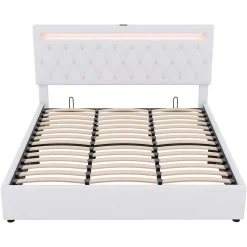 Lit adulte lit 180x200 cm lit rembourré hydraulique avec lumière ambiante lit double lin blanc