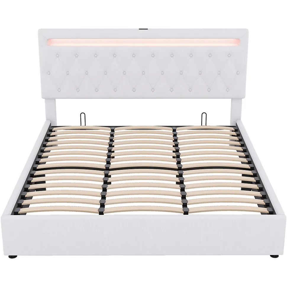 Lit adulte lit 180x200 cm lit rembourré hydraulique avec lumière ambiante lit double lin blanc