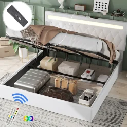 Lit adulte lit 180x200 cm lit rembourré hydraulique avec lumière ambiante lit double lin blanc