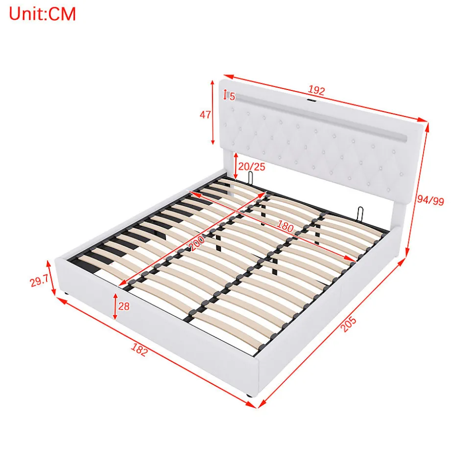 Lit adulte lit 180x200 cm lit rembourré hydraulique avec lumière ambiante lit double lin blanc