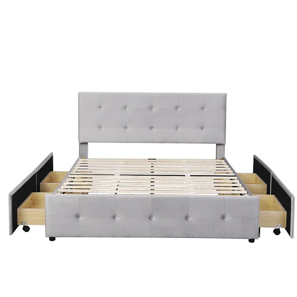 Lit adulte lit 140x200 cm lit rembourré avec tiroirs et sommier à lattes lit double velours gris