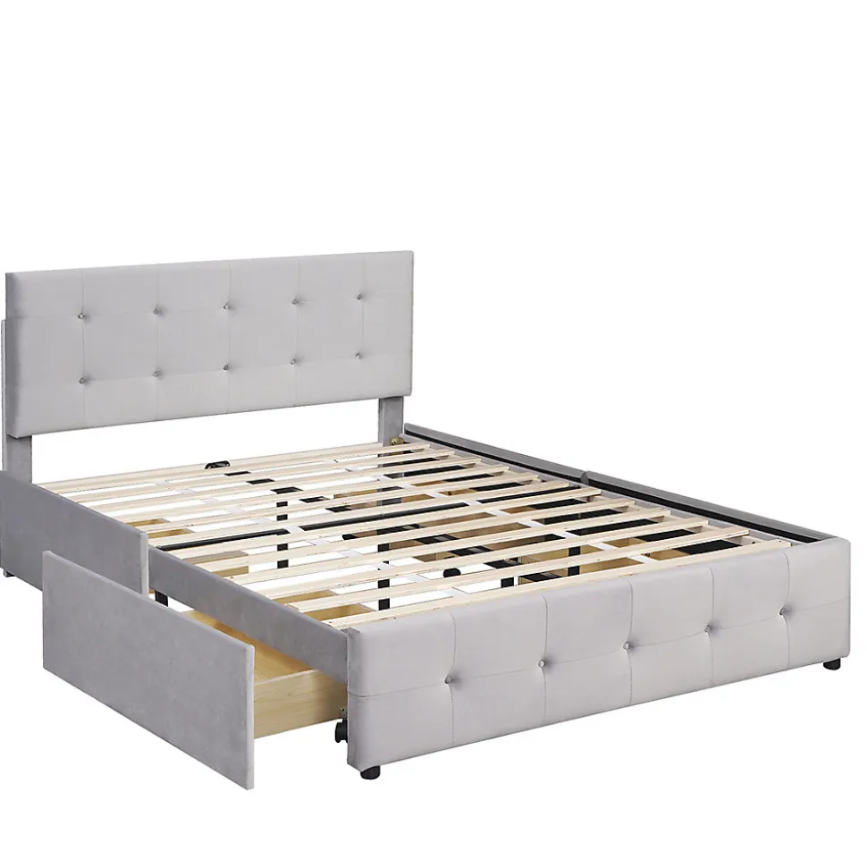 Lit adulte lit 140x200 cm lit rembourré avec tiroirs et sommier à lattes lit double velours gris