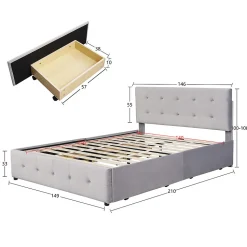 Lit adulte lit 140x200 cm lit rembourré avec tiroirs et sommier à lattes lit double velours gris