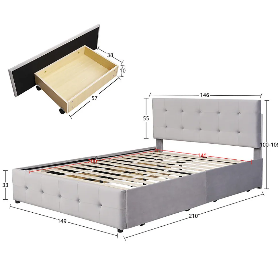 Lit adulte lit 140x200 cm lit rembourré avec tiroirs et sommier à lattes lit double velours gris