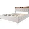 Lit adulte lit 140x200 cm lit rembourré avec quatre tiroirs avec sommier à lattes en bois lit double lin beige
