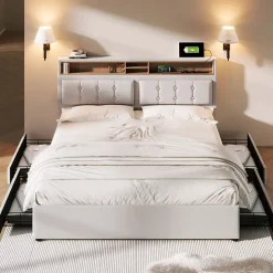 Lit adulte lit 140x200 cm lit rembourré avec quatre tiroirs avec sommier à lattes en bois lit double lin beige