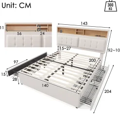 Lit adulte lit 140x200 cm lit rembourré avec quatre tiroirs avec sommier à lattes en bois lit double lin beige