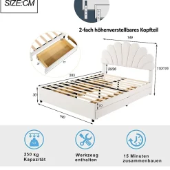 Lit adulte lit 140x200 cm lit rembourré lit cadre à lamelles lit 4 compartiments de rangement lit double velours beige