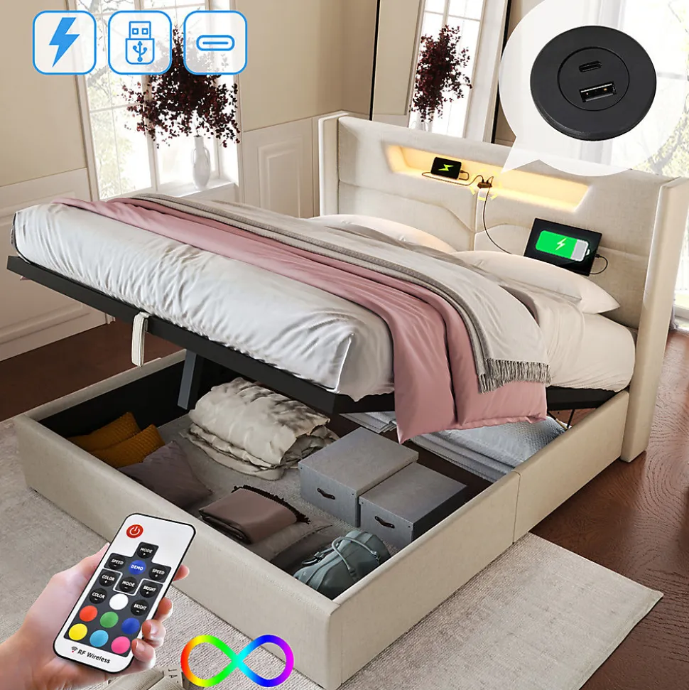 Lit adulte lit 160x200 cm lit rembourré lit de rangement lit sommier à lattes en bois lit double lin beige