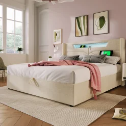 Lit adulte lit 160x200 cm lit rembourré lit de rangement lit sommier à lattes en bois lit double lin beige