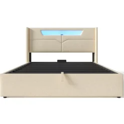 Lit adulte lit 160x200 cm lit rembourré lit de rangement lit sommier à lattes en bois lit double lin beige
