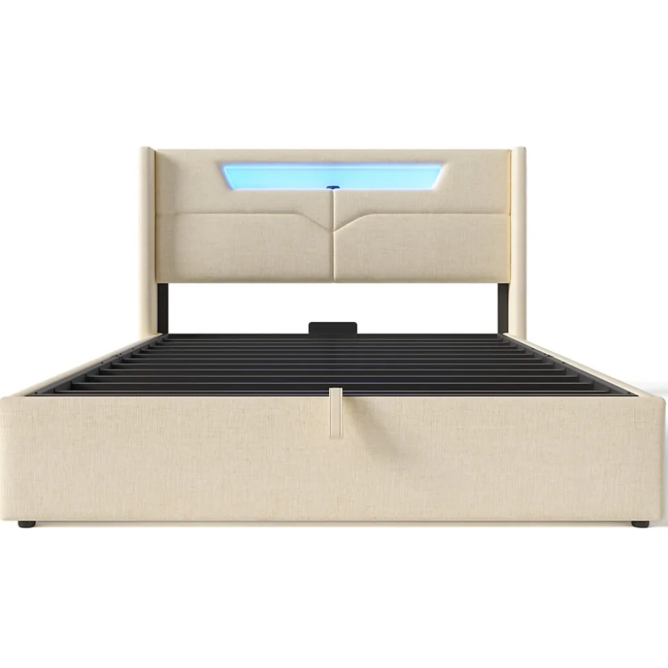 Lit adulte lit 160x200 cm lit rembourré lit de rangement lit sommier à lattes en bois lit double lin beige