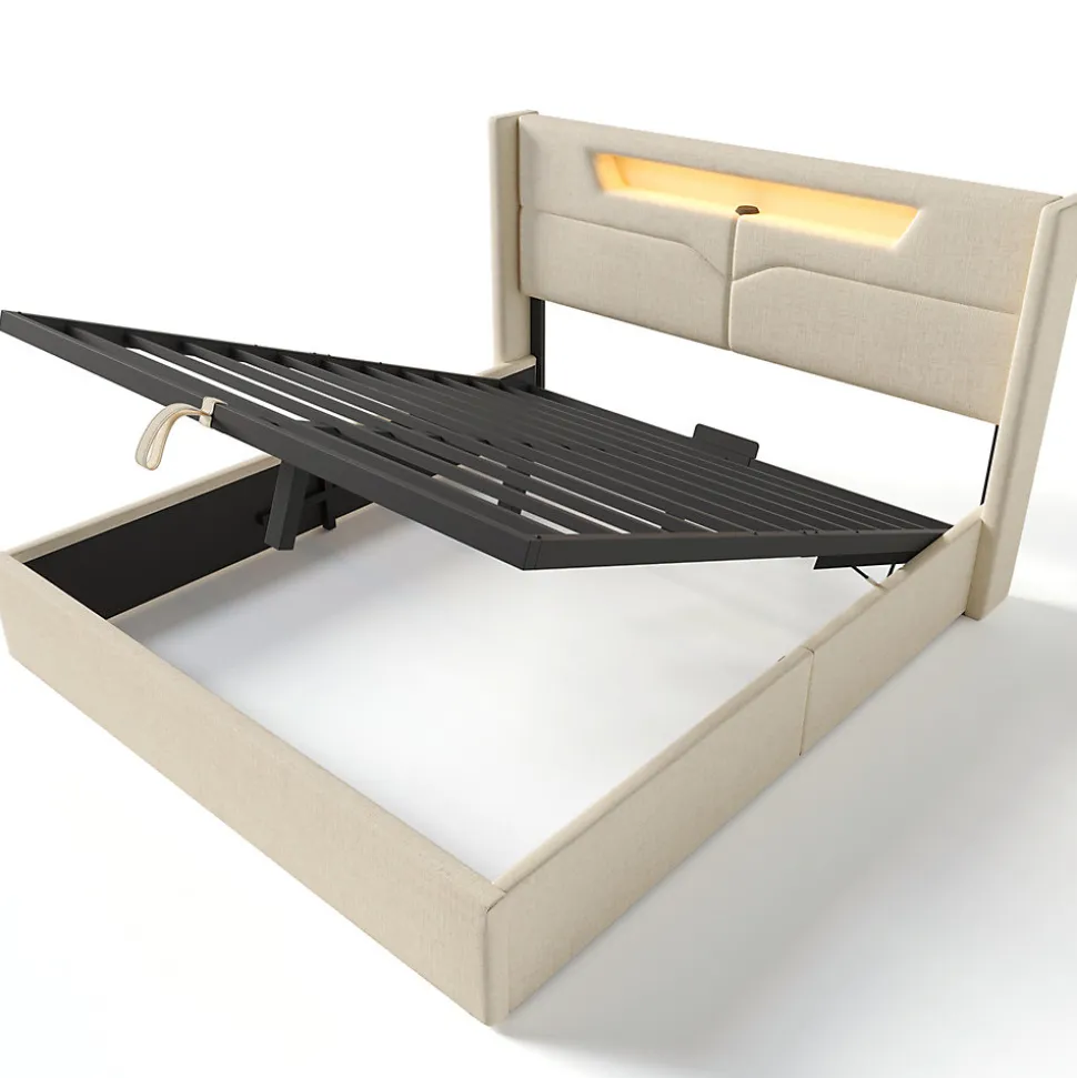 Lit adulte lit 160x200 cm lit rembourré lit de rangement lit sommier à lattes en bois lit double lin beige