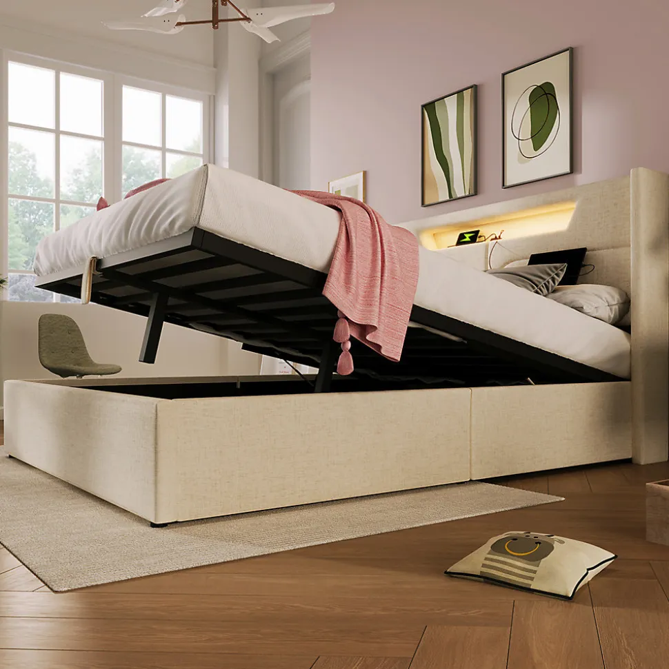 Lit adulte lit 160x200 cm lit rembourré lit de rangement lit sommier à lattes en bois lit double lin beige