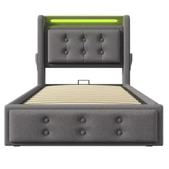 Lit adulte lit 90x200 cm lit rembourré hydraulique avec sommier en bois Single coton lin gris