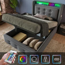 Lit adulte lit 90x200 cm lit rembourré hydraulique avec sommier en bois Single coton lin gris