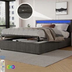 Lit adulte lit 160x200 cm lit rembourré lit de rangement avec lumière ambiante lit double lin gris