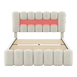 Lit adulte lit 160x200 cm lit rembourré avec barre lumineuse led lit 4 tiroirs avec usb et chaîne stéréo lit double velours beige