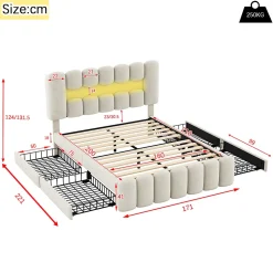Lit adulte lit 160x200 cm lit rembourré avec barre lumineuse led lit 4 tiroirs avec usb et chaîne stéréo lit double velours beige