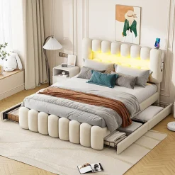 Lit adulte lit 160x200 cm lit rembourré avec barre lumineuse led lit 4 tiroirs avec usb et chaîne stéréo lit double velours beige