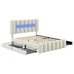 Lit adulte lit 160x200 cm lit rembourré avec barre lumineuse led lit 4 tiroirs avec usb et chaîne stéréo lit double velours beige