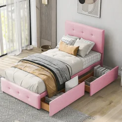 Lit adulte lit 90x200 cm lit rembourré lit 2 tiroirs lit sommier à lattes Single tissu en velours rose