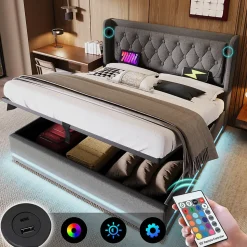 Lit adulte lit 140x200 cm lit rembourré hydraulique lit de rangement lit double coton gris