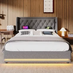 Lit adulte lit 160x200 cm lit rembourré hydraulique lit de rangement lit double coton gris