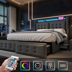 Lit adulte lit 160x200 cm lit rembourré lit 4 tiroirs lit de rangement avec sommier à lattes en bois lit double coton lin gris