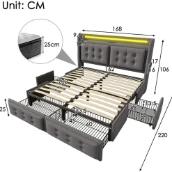 Lit adulte lit 160x200 cm lit rembourré lit 4 tiroirs lit de rangement avec sommier à lattes en bois lit double coton lin gris