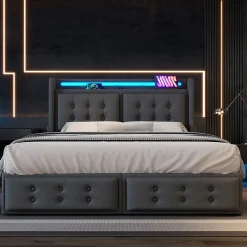 Lit adulte lit 160x200 cm lit rembourré lit 4 tiroirs lit de rangement avec sommier à lattes en bois lit double coton lin gris