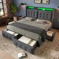 Lit adulte lit 160x200 cm lit rembourré lit 4 tiroirs lit de rangement avec sommier à lattes en bois lit double coton lin gris