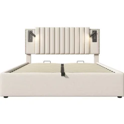 Lit adulte lit 140x200 cm lit rembourré lit de rangement avec sommier à lattes lit double coton beige