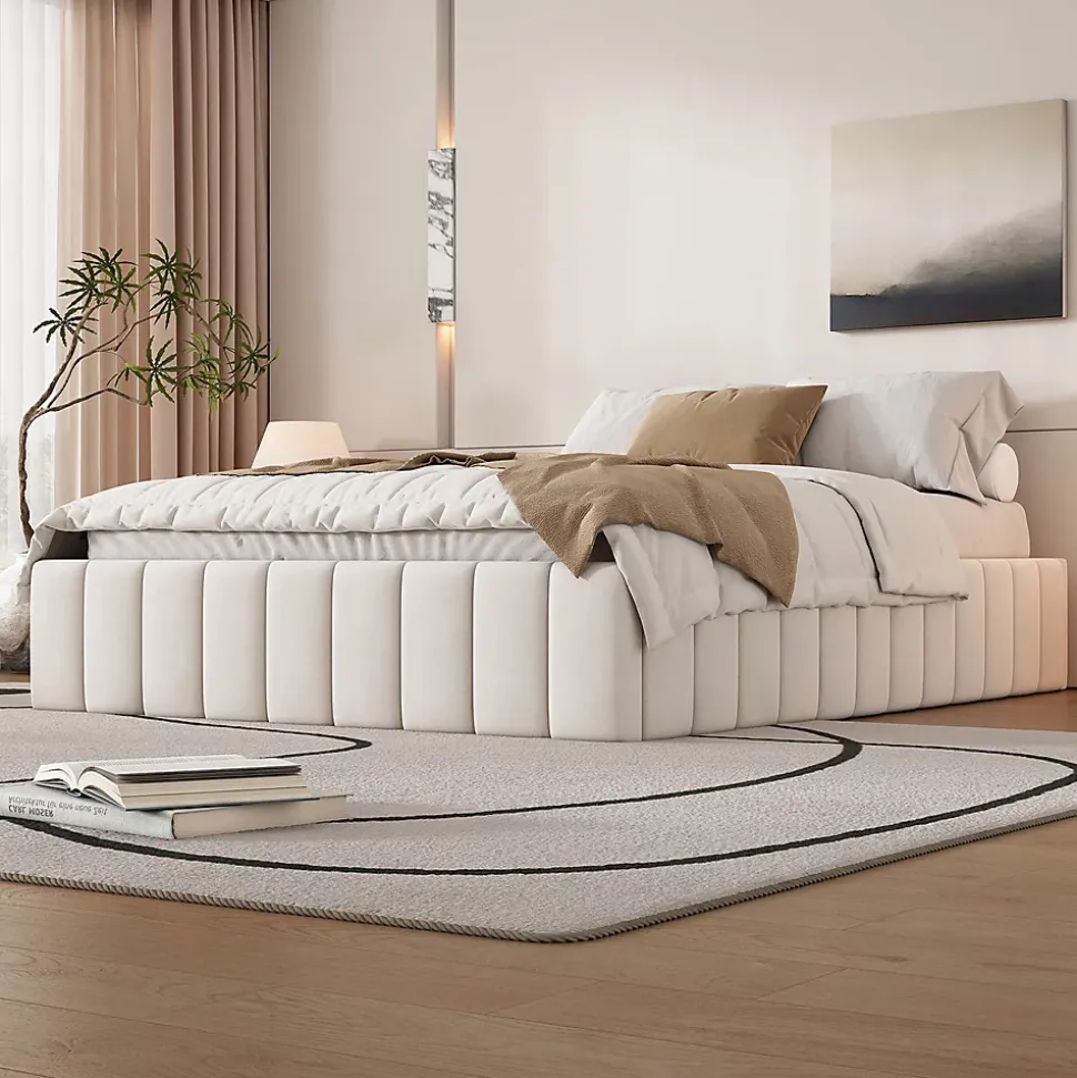 Lit adulte lit 140x200 cm lit rembourré avec 4 tiroirs Single velours beige